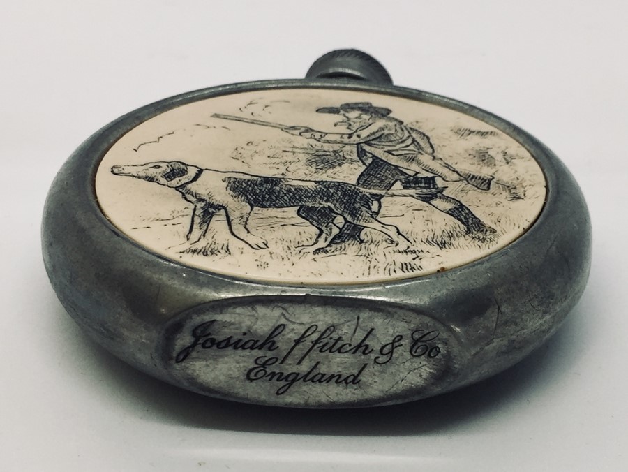 A pewter flask with inset panel depicting a hunting scene inscribed to base Josiah Ffitch & Co. - Image 6 of 7