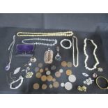 A collection of costume jewellery, coins, silver ring etc.
