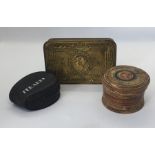 A Queen Mary 1914 Christmas tin along with a round wooden box and pair of folding Ferrari