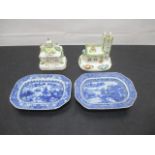 Two 19th century blue & white Chinese dishes, along with two Coalport pastille burners including "