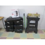 A quantity of various tools and accessories including a work bench, Stanley trestles supports,