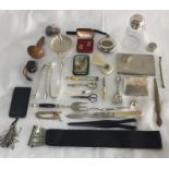 A collection of interesting items including silver plated cigarette cases, SCM sugar caster,nurses