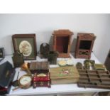 A collection of various boxes clock parts, wooden clock cases, musical boxes, clock movements etc