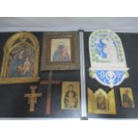 A collection of religious related items including Icons, plaster panel etc