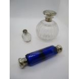 A blue glass double ended scent bottle along with a silver mounted perfume bottle ( A/F) and one