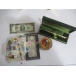 A USA two dollar note, collection of stamps, USA uncirculated coin set, Cross fountain pen and a