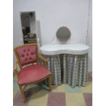 A kidney shaped dressing table, white cheval mirror and a pink button backed bedroom chair