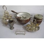 A small collection of silver plated items including an oak bound serving bowl with silver plated