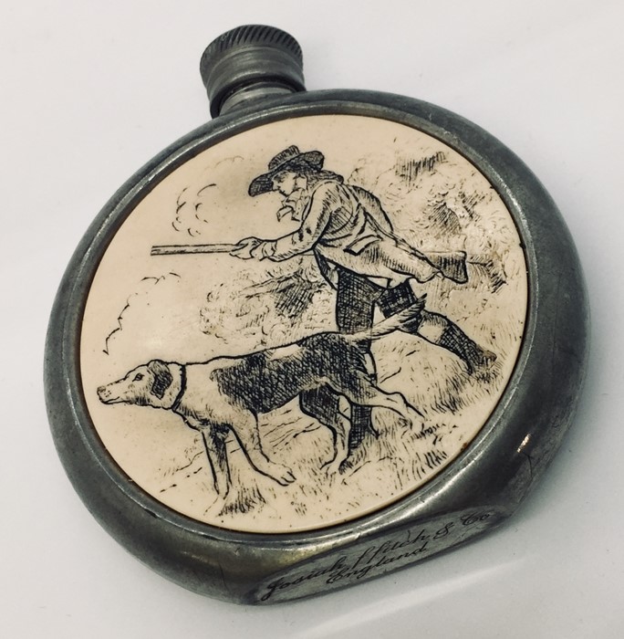 A pewter flask with inset panel depicting a hunting scene inscribed to base Josiah Ffitch & Co. - Image 7 of 7
