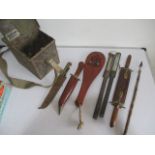 A collection of items including knives, vintage bottle thermometers etc