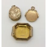 A 9ct gold watch case along with a 9ct rose gold fob/locket( total weight 11.5g) and a gold plated