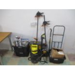A collection of tools and accessories including sockets, gorilla bar, power washer, tool box full