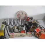 A collection of vintage car parts including fan belts, wiper blades, steering service parts etc.