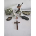 A Goebels bird figure group, miniature cloisonne ginger jars, Buddha figure, geological samples