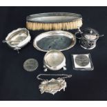 A hallmarked silver pin tray, whiskey label and salt along with various silver plated items, etc.
