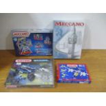 Four Meccano boxed sets including Master Connection Real Mechanics car - two sealed.