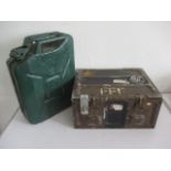 A vintage ammo box, along with a jerry can with a military broad arrow stamp mark.