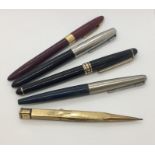 Four vintage fountain pens including Sheaffer along with a rolled gold 'yard o' led' pencil A/F