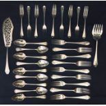 A suite of hallmarked silver cutlery consisting of 9 spoons, 9 dinner forks, 9 forks and fish