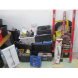 A quantity of various tools and accessories including a Mitre saw stand, power tools, drill bits