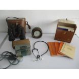 Vintage stethoscope, blood pressure Sphygmomanometer, Smiths mantle clock, Russian binoculars etc.
