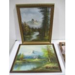 Two oil paintings of a lake and mountains, one signed Antonio and the other signed J. Elford
