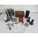 A collection of various items including vintage table skittles, a Coronet camera, wooden box,