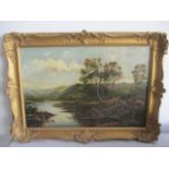 An unsigned 19th century oil on canvas of a landscape with river, 52 cm x 72 cm
