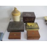Two Victorian boxes, a stoneware flagon (Oxford) and lacquered box