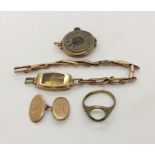 A small collection of scrap 9ct gold (11.9g) along with a 9ct gold Victorian watch A/F Weight 14g