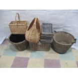 A collection of wicker items including seven trays, carry baskets, planter, picnic hamper etc.