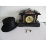 A slate mantle clock - keys in office, along with a G.A.Dunn & Co Ltd Top Hat