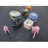 Three porcelain pill boxes, a miniature flat iron on stand, glass animals etc