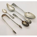 Two Georgian silver spoons along with silver sugar tongs and 2 spoons. Total weight 200g