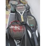 Five modern tennis racquets including Yonex and Wilson etc.