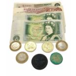 A collection of £2 coins (6) and a cartwheel penny along with £1 notes and a 10 shilling note