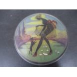 An Art Deco glass powder pot with hand painted silhouette style painting of a girl with her dog