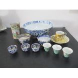 A collection of Chinese china including a Famille Rose bowl, brush pot etc