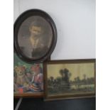 A framed pencil drawing of a lakeside scene, monogrammed, along with a framed oval portrait and