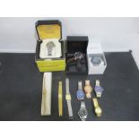 A collection of various watches including a Breitling style watch, Rotary, Lorus etc