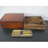 A vintage jewellery box along with a wooden cutlery tray etc.