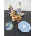 Two Russian pottery bells in the form of ladies, along with two porcelain ducks, Caithness