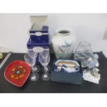 A collection of various items including Royal Doulton boxed stemware glasses, vase and coasters,