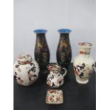 A pair of Victorian vases with Japanese decoration, along with four pieces of Mason's Mandalay