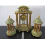 A Japy Freres French clock garniture in green onyx and ormolu