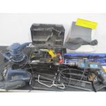 A collection of various power tools, tools and accessories including a Ferm rotary sander, Dewalt