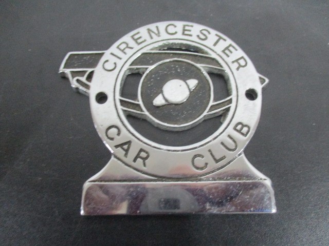 A vintage chrome car badge "Cirencester car Club", stamped H 7959 to reverse