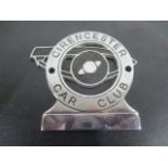 A vintage chrome car badge "Cirencester car Club", stamped H 7959 to reverse