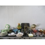 A collection of miscellaneous china, metalware etc. including a part Losol ware dinner set, brass