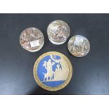 Three Prattware pot lids including "The Seven Ages of Men", The Village Wedding" and one other (A/